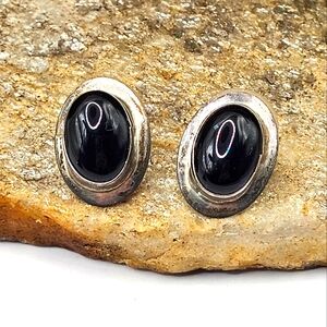 Navajo Sterling Silver Black Onyx Earrings Pierced Signed Nel J. Stud Statement